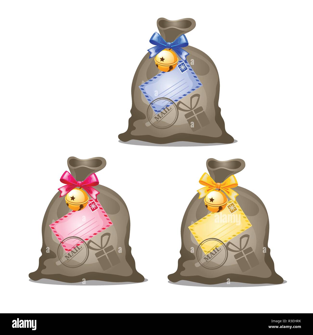 Eine Reihe von jutetaschen mit Geschenken und Buchstaben auf weißem Hintergrund. Skizze von Weihnachten festliche Plakat, Einladung, andere Urlaub Karte. Vektor cartoon Close-up Abbildung. Stock Vektor