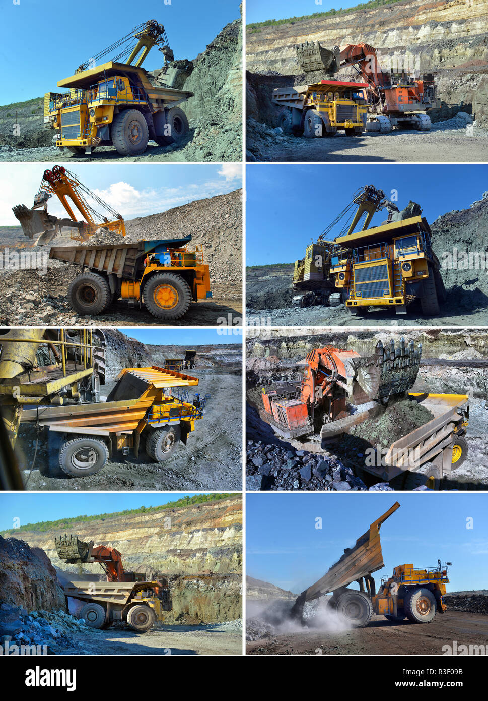 Großen Steinbruch Dump Truck. Laden der Felsen in die Mulde. Laden von Kohle in Body work Truck. Mining Truck Bergbaumaschinen, Kohle vom offenen zum Transport Stockfoto