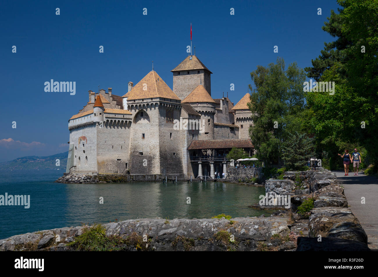 Schloss Chillon (Château de Chillon) am Ufer des Genfer Sees (Lac Léman), Schweiz Stockfoto