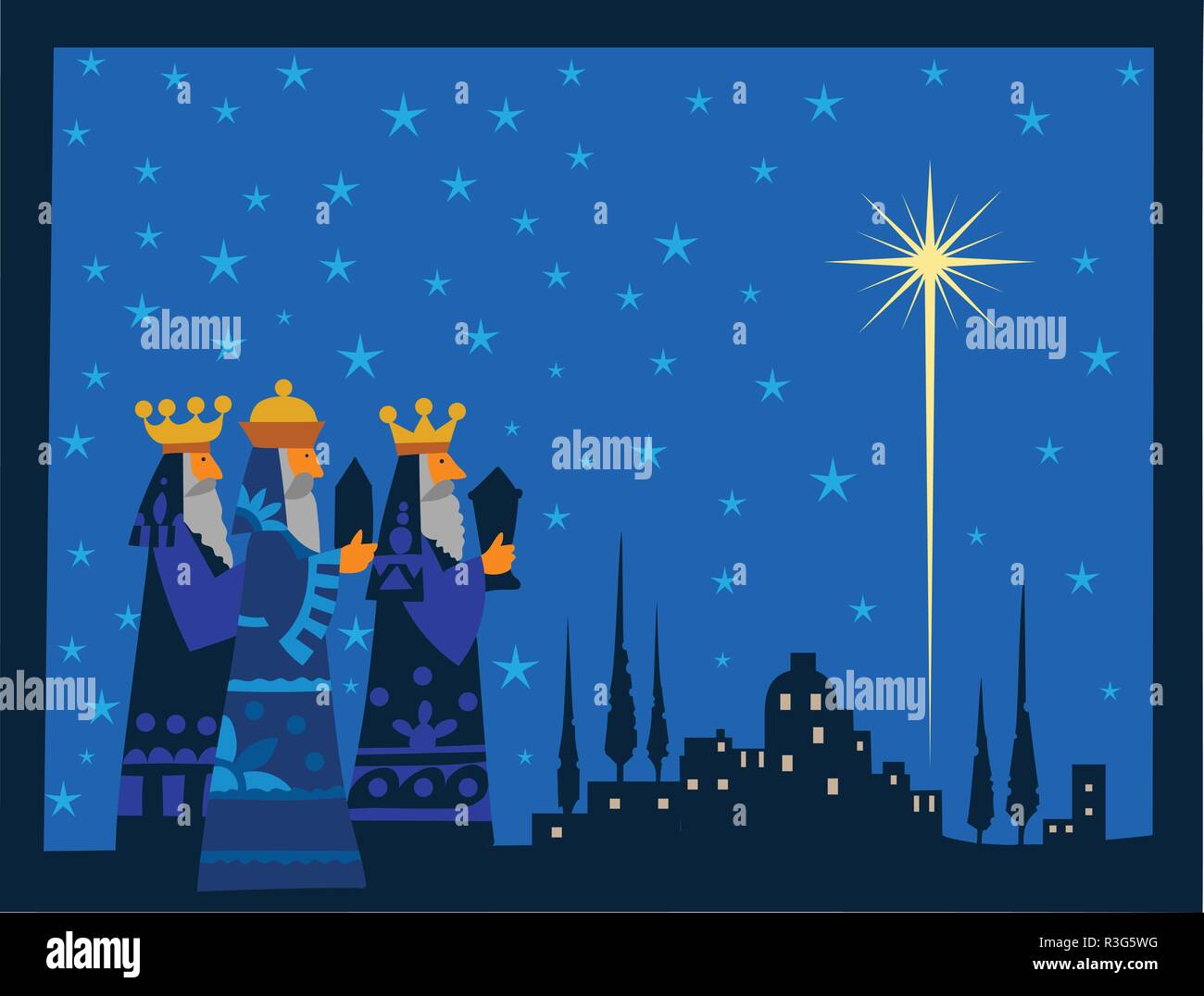 Drei Weisen und strahlenden Stern von Bethlehem. Weihnachtsfeier Konzept in Vector Illustration. Stock Vektor
