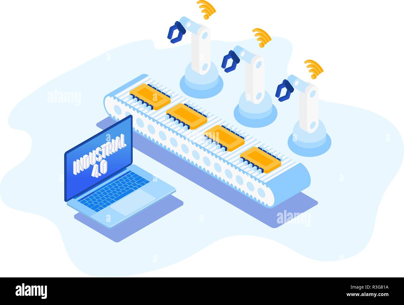 Isometrische Factory Automation, Industrie 4.0, Internet der Dinge, Vector Illustration für angeschlossene Geräte über verschiedene Symbole Stock Vektor