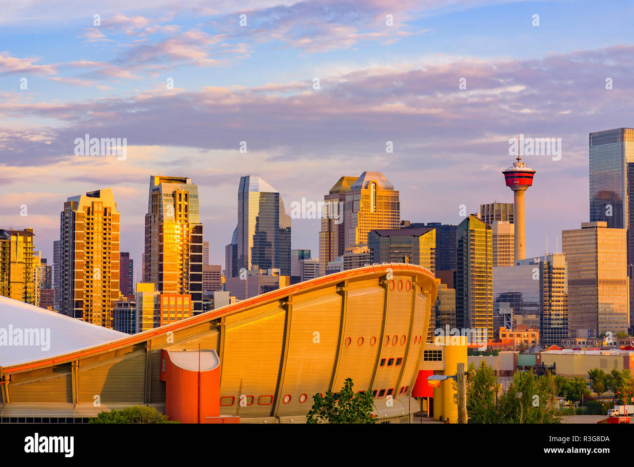 Skyline mit Calgary Tower, Calgary, Alberta, Kanada. Stockfoto
