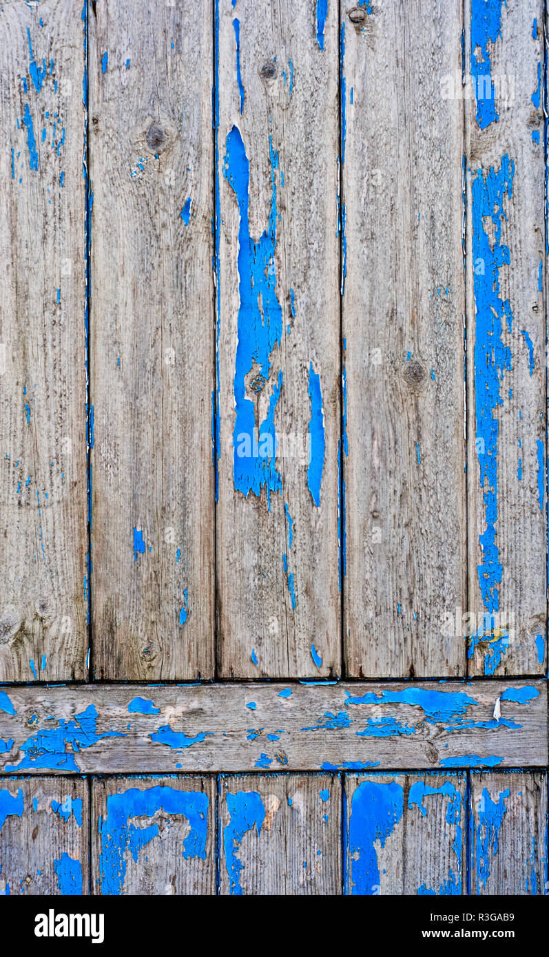 Türkis abblätternde Farbe auf Holz Tür Stockfoto