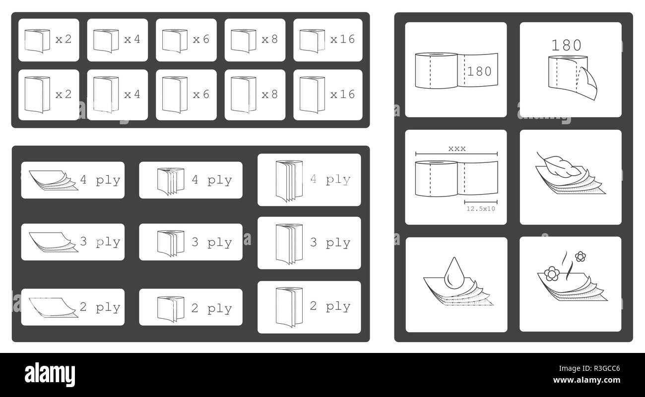 Wc-Papier Parameter Icons und Symbole festlegen. Vector Illustration pack. Stock Vektor