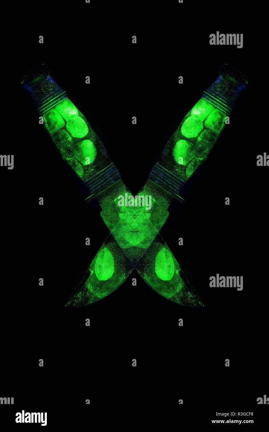 Forensische Beweise am Tatort mit glühenden Fingerabdrücke auf gekreuzt tödliche Bowie Ummantelung Messer unter UV-Licht Stockfoto