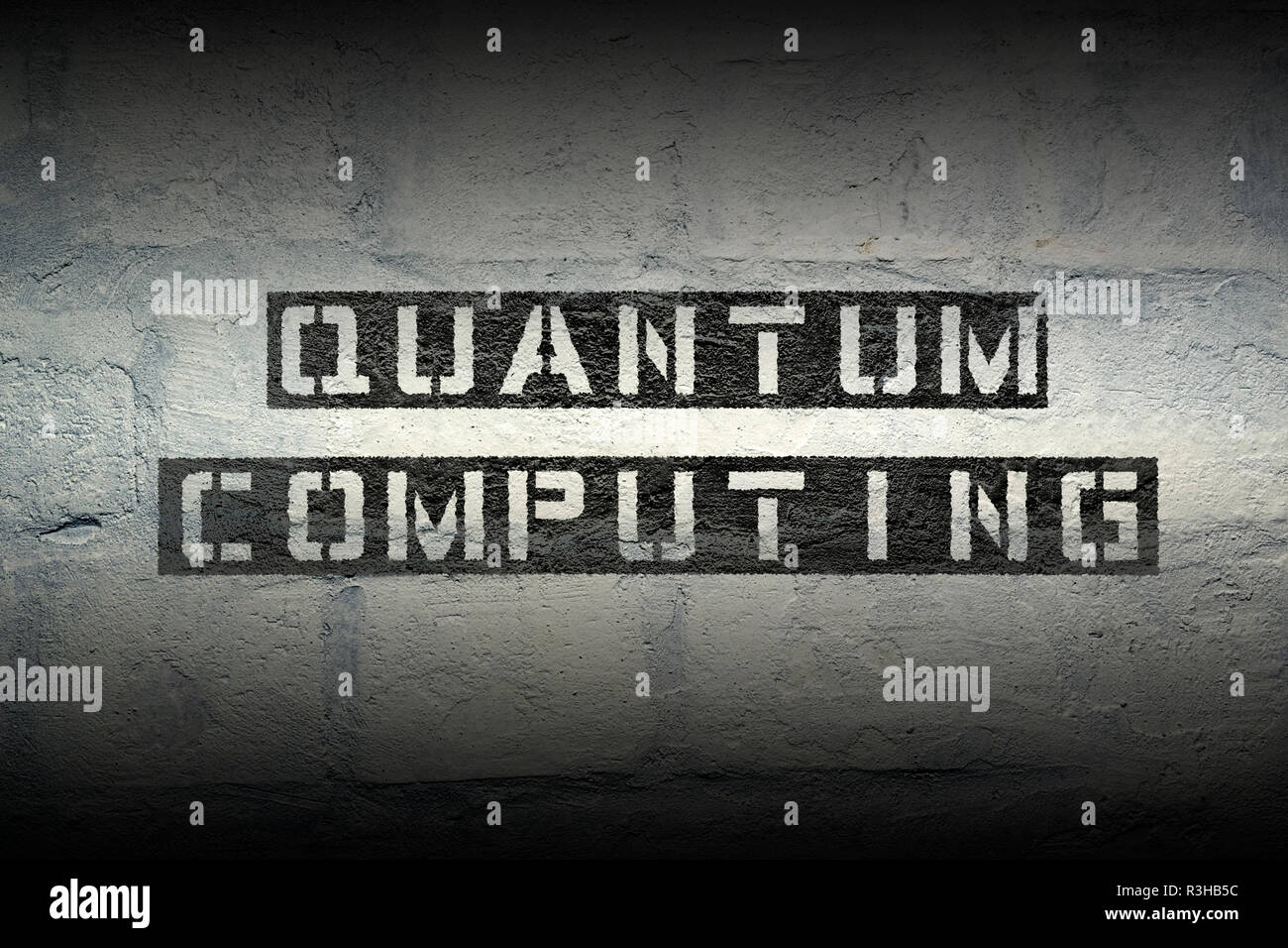 Quantum computing Schablone drucken auf der weißen Mauer grunge Stockfoto