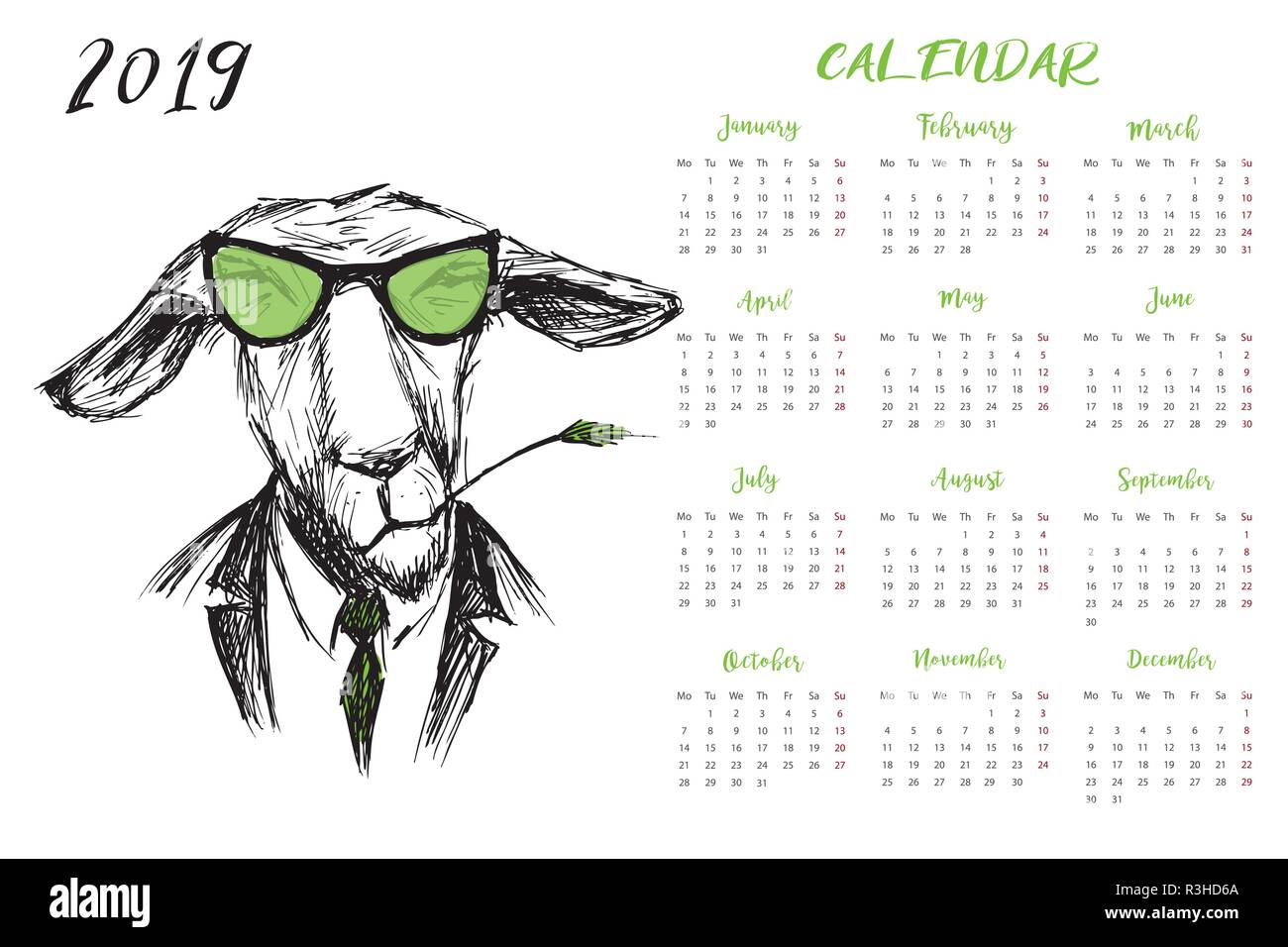 Kalender 2019 mit lustigen hipster Esel Stock Vektor