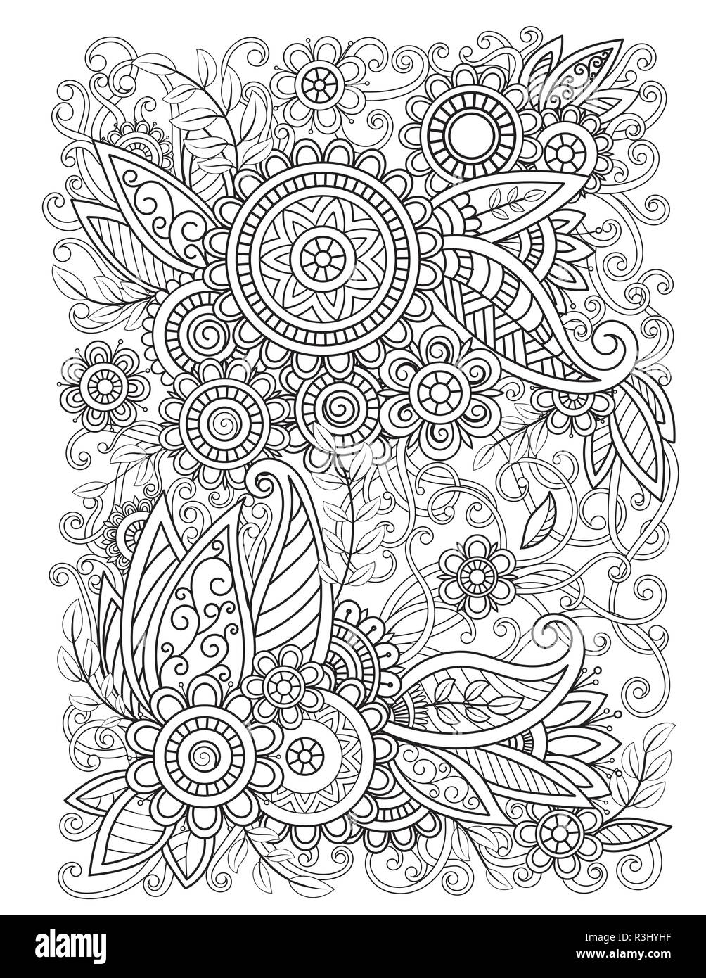 Nach Färbung mit orientalischen floralen Muster. Schwarze und weiße doodle Blumen. Blumenstrauß line Art Vector Illustration auf weißem Hintergrund. Mehndi vektor design Stock Vektor