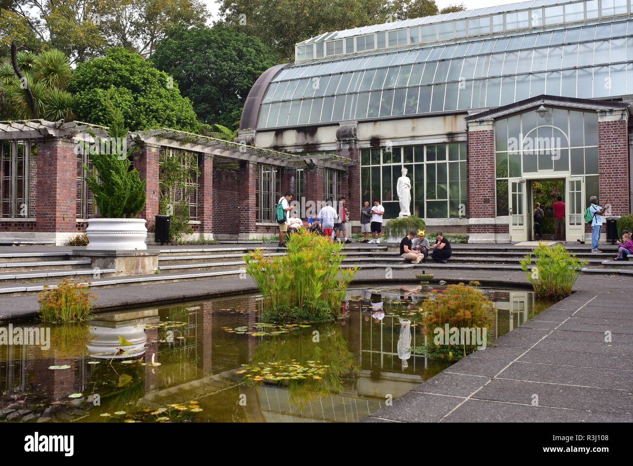 Versunkene Teich und großen vintage Gewächshaus in Auckland Domain Wintergärten. Stockfoto