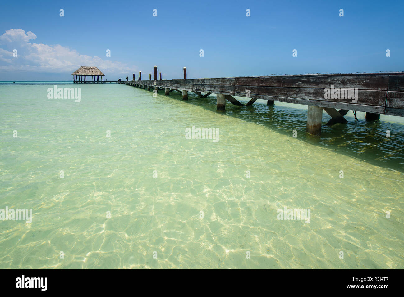 Dock in einem Strand der Isla Holbox, Quintana Roo, Mexiko Stockfoto