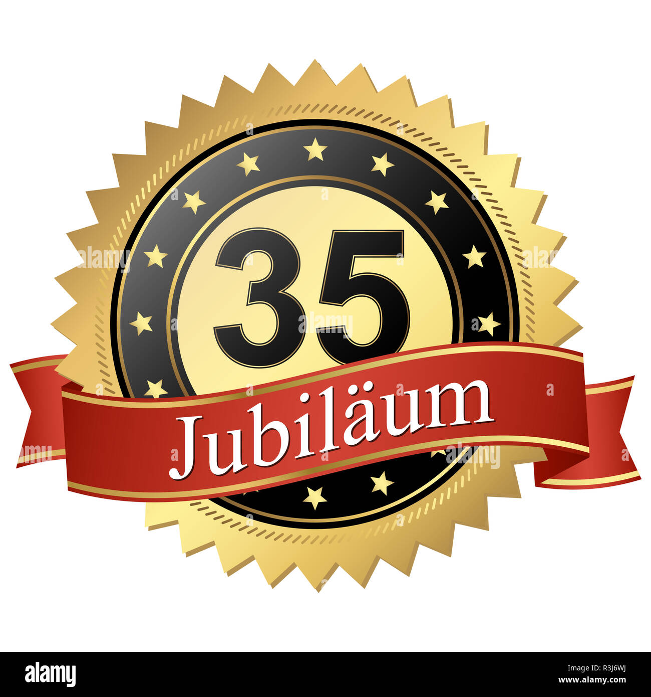 Jubiläum Knopf mit Banner Deutsch Jubiläum 35 Jahre Stockfotografie
