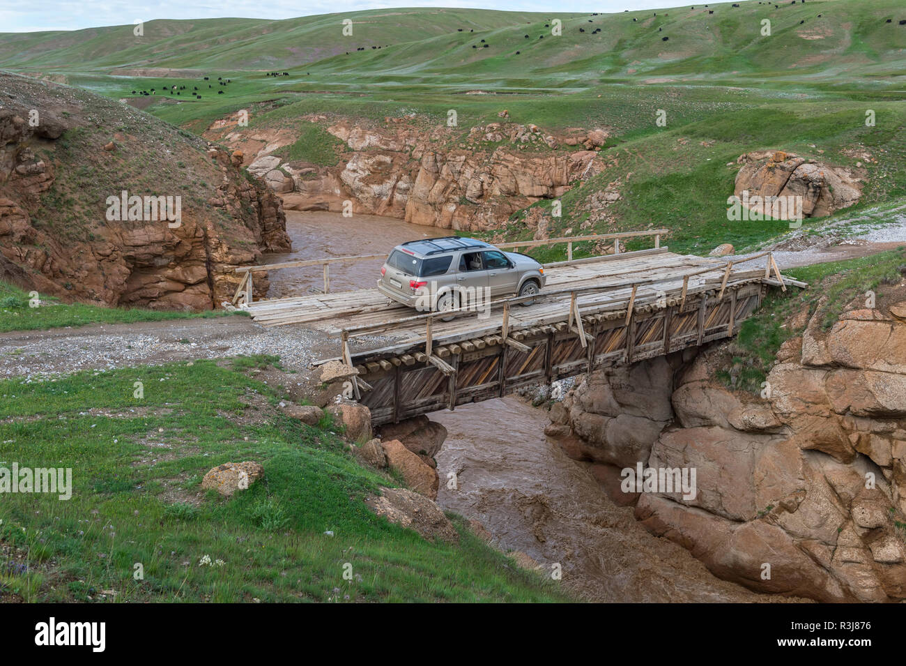 Allradantrieb auto Überqueren einer Holzbrücke über eine wilde Schlucht, Issyk-kul-region, Kirgisistan Stockfoto