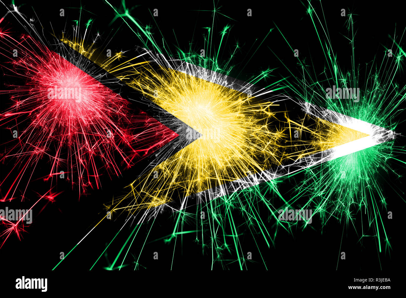 Guyana Feuerwerk Sekt Flagge. Neues Jahr, Weihnachten und Nationalen Tag Konzept Stockfoto