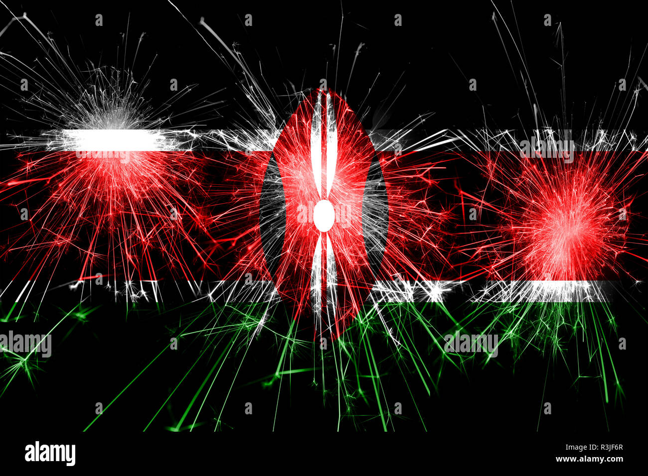 Kenia Feuerwerk Sekt Flagge. Neues Jahr, Weihnachten und Nationalen Tag Konzept Stockfoto