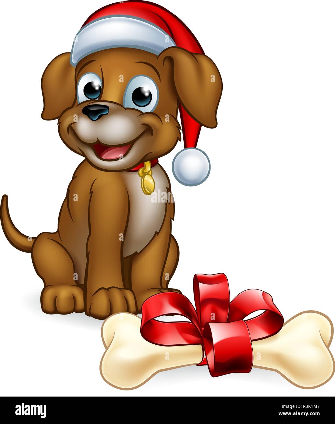 Hund in Weihnachten Santa Claus hat und Geschenk Knochen Stock Vektor