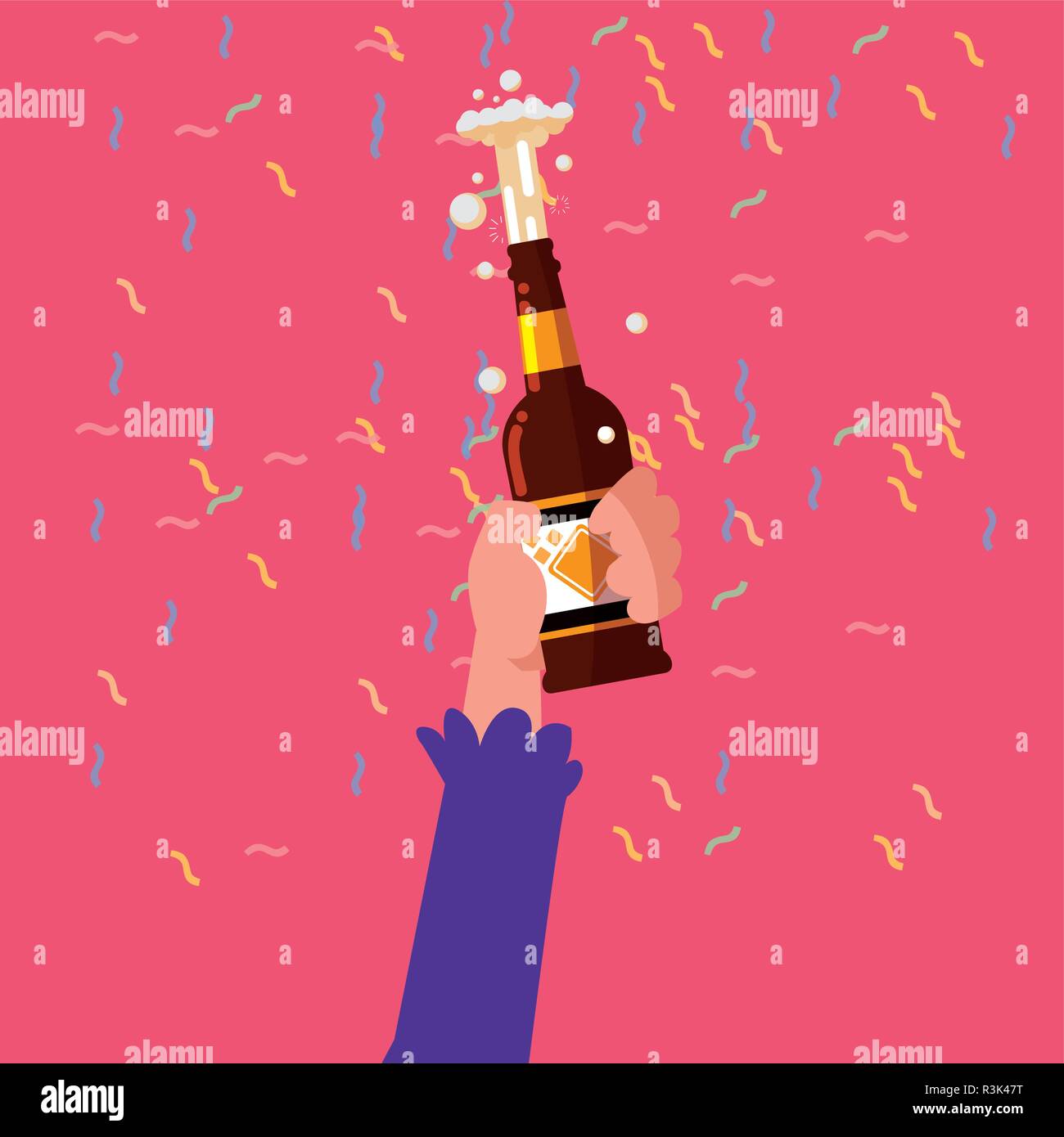 Hand eine Bierflasche auf rosa Hintergrund, Vector Illustration Stock Vektor