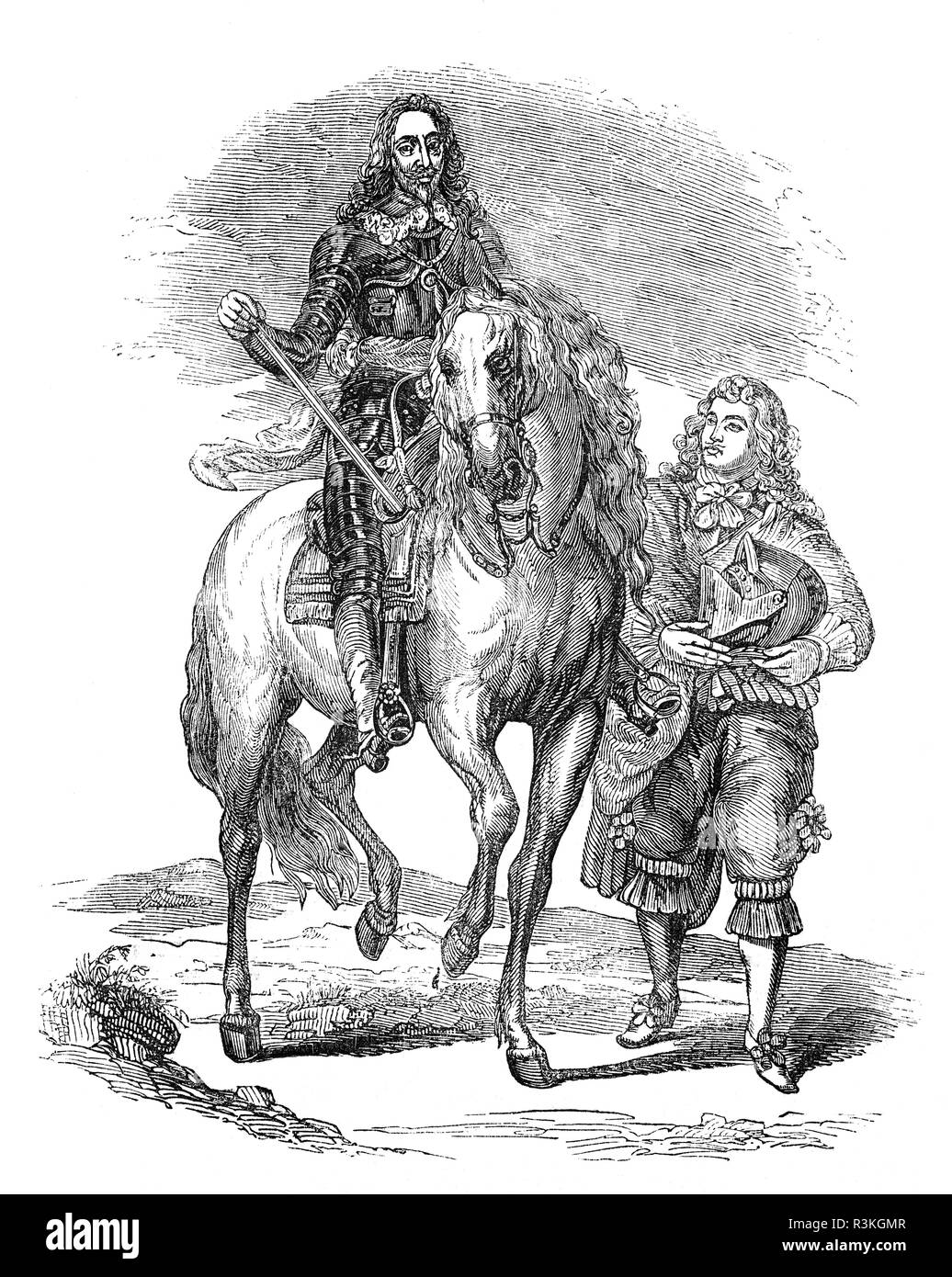 Porträt von Charles I (1600-1649) in Full Body Armor mit seinem Waffenträger montiert. Er war Monarch über die drei Königreiche von England, Schottland und Irland vom 27. März 1625 bis zu seiner Hinrichtung im Jahre 1649. Er wurde in das Haus des Stuart als zweiter Sohn von König James VI. von Schottland geboren, aber nach seinem Vater, den englischen Thron im Jahre 1603 erbte er nach England, wo er auch den Rest seines Lebens verbrachte. Er Thronfolger auf den Thron von England, Schottland und Irland über den Tod seines älteren Bruders, Heinrich Friedrich, Prinz von Wales, 1612. Stockfoto Porträt von Charles I (1600-1649) in Full Body Armor mit seinem Waffenträger montiert. Er war Monarch über die drei Königreiche von England, Schottland und Irland vom 27. März 1625 bis zu seiner Hinrichtung im Jahre 1649. Er wurde in das Haus des Stuart als zweiter Sohn von König James VI. von Schottland geboren, aber nach seinem Vater, den englischen Thron im Jahre 1603 erbte er nach England, wo er auch den Rest seines Lebens verbrachte. Er Thronfolger auf den Thron von England, Schottland und Irland über den Tod seines älteren Bruders, Heinrich Friedrich, Prinz von Wales, 1612. Stockfoto