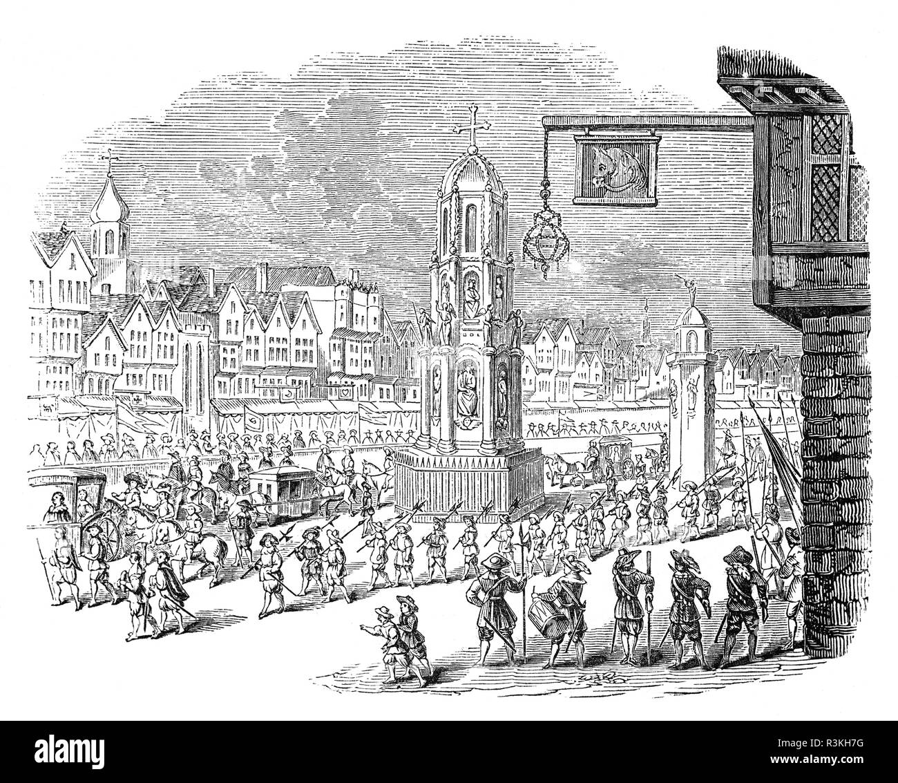 Die Prozession durch Cheapside in London von Marie de Medici, Königin von Frankreich zu ihrer Tochter Henrietta Maria von Frankreich, Königin von England, Schottland und Irland und ihr Mann König Charles I. Stockfoto