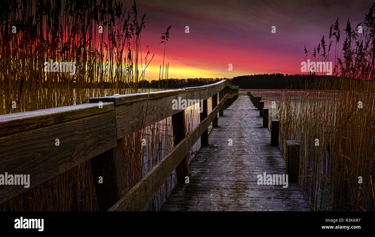 Sonnenaufgang auf einem See am Skals, Jütland, Dänemark Stockfoto