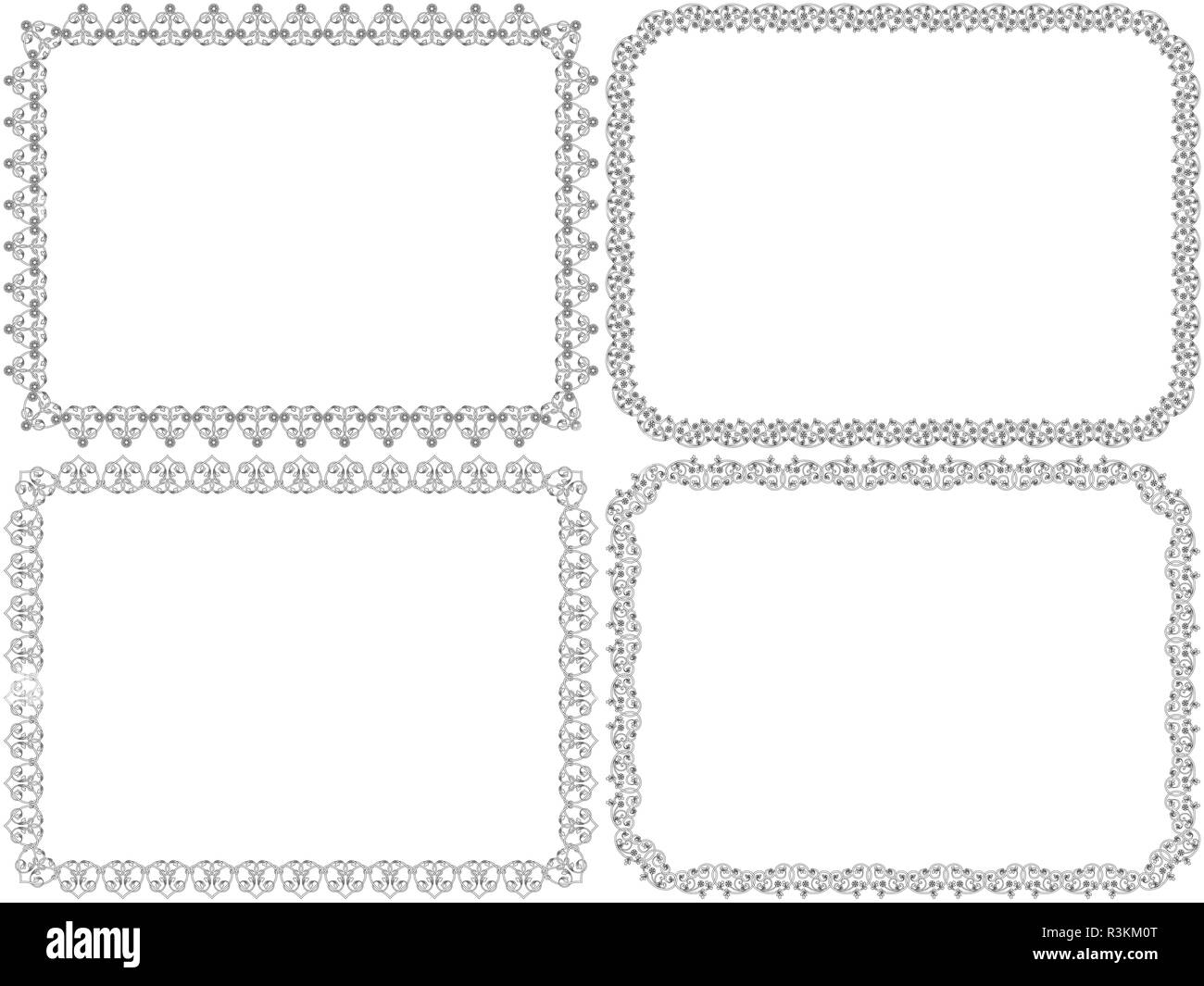 Satz von vier schwarzen Blumen Frames mit interlaced Linien, isolierte Vektor auf dem weißen Hintergrund als Design Postkarten Stock Vektor