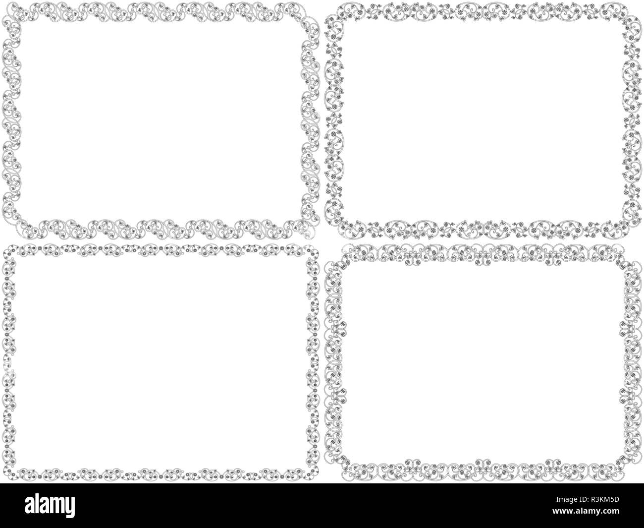 Satz von vier schwarzen im Viktorianischen Stil in dekorativem Blumenmuster Frames mit interlaced Linien, isolierte Vektor auf dem weißen Hintergrund als Design Postkarten Stock Vektor