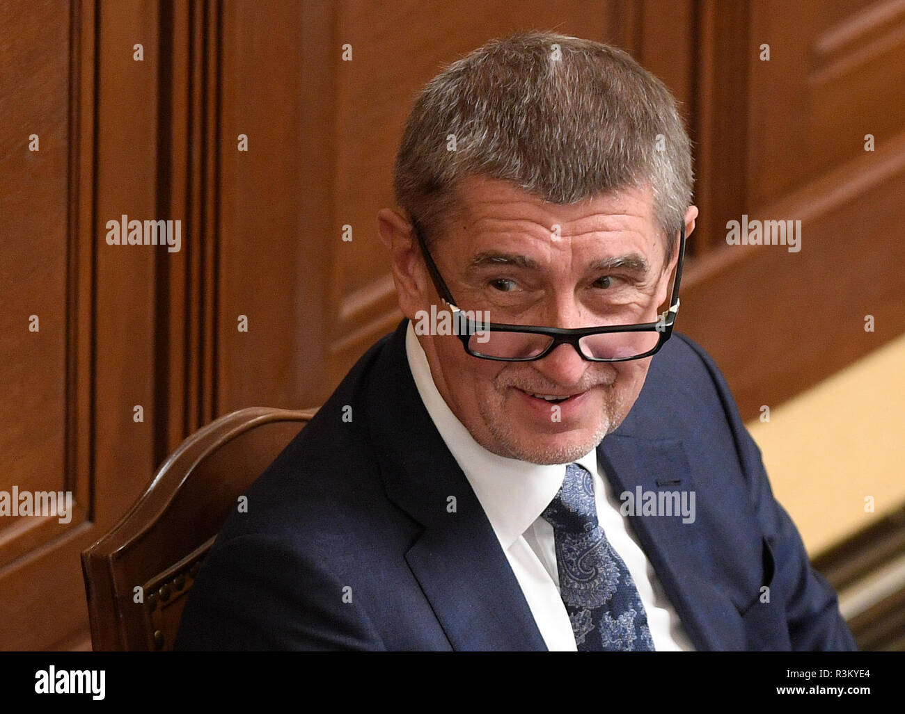 Andrej Babis's (dargestellt) Regierung seiner ANO und CSSD überlebt Misstrauensvotum im Abgeordnetenhaus provoziert, indem Sie mit der rechten Opposition in Prag, Tschechische Republik, 23. November 2018. (CTK Photo/Ondrej Deml) Stockfoto