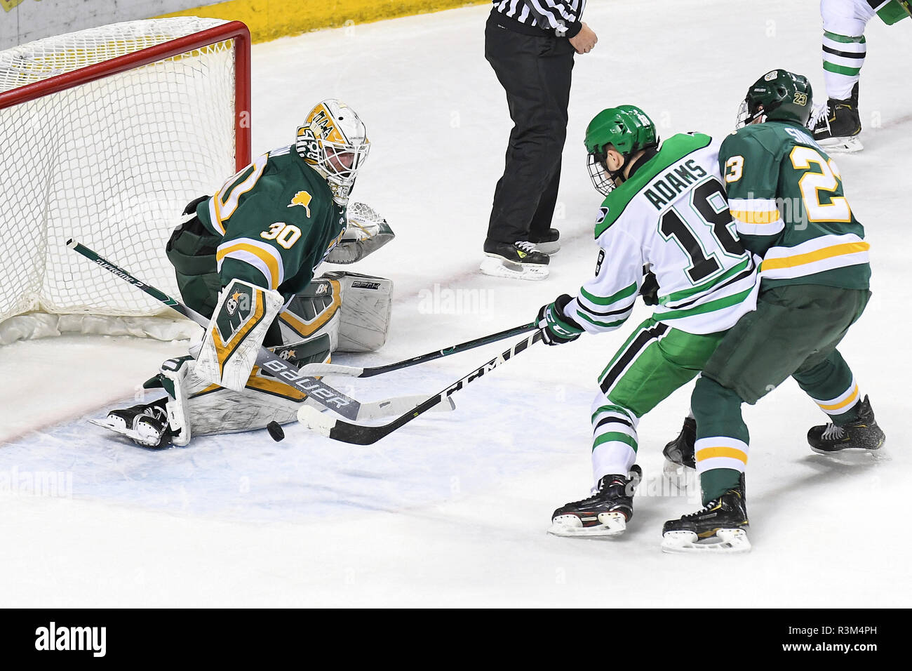 November 23, 2018 North Dakota kämpfenden Falken nach vorn Collin Adams (18) schießt den Puck gegen Alaska - Anchorage Seawolves Torwart Kris Carlson (30) während der NCAA Men's College Hockey Spiel zwischen den Alaska Anchorage Seawolves und von der Universität von North Dakota Kampf gegen die Falken an der Ralph Engelstad Arena in Grand Forks, ND. North Dakota gewann 5-2. Foto von Russell Hons/CSM Stockfoto