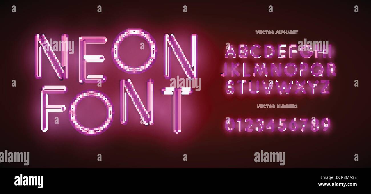 Satz von Neon Buchstaben und Zahlen. Typ für moderne Neon-Logo, Night Light Emblem, eine Bar und ein Kasino Schriftzug. Isolierte Vector Font. Alphabet auf dunklem Hintergrund Stock Vektor