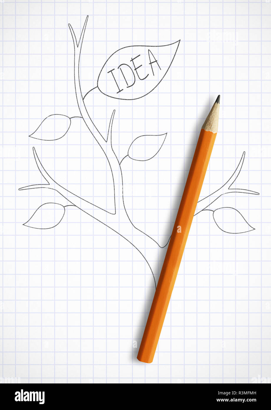 Kreative Idee, Konzept, Bleistift mit Blättern Stockfoto