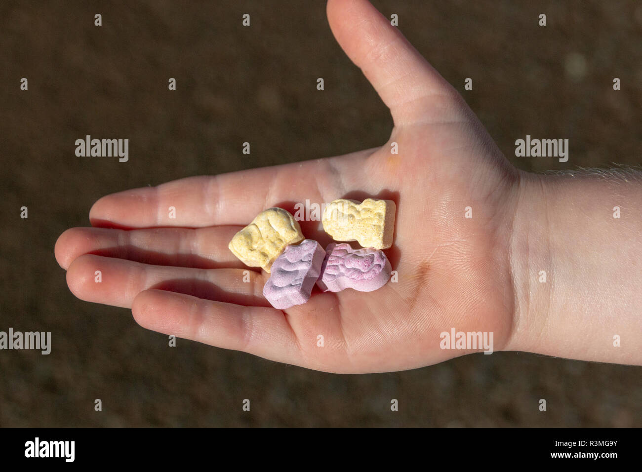 Eine Nahaufnahme eines kleinen Kindes Holding vier Tier Vitamine in der plam-seiner Hand geformt Stockfoto