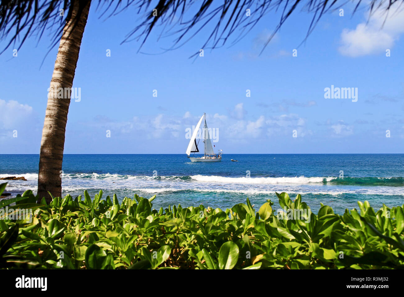 Antigua, Galley Bay. Segelboot Segeln entlang der Strandpromenade Stockfoto