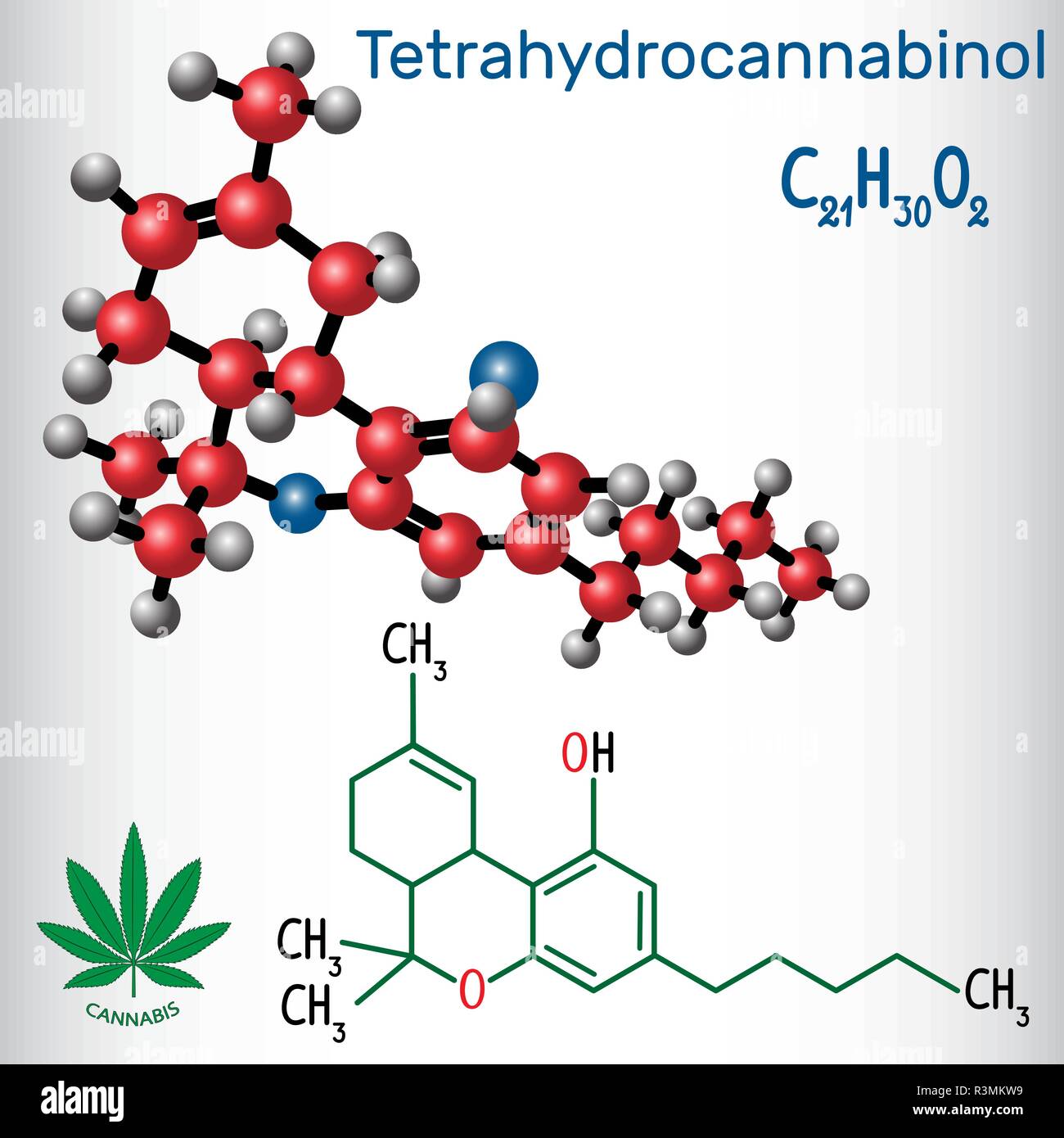Tetrahydrocannabinol (THC) - Strukturelle chemische Formel und Molekül-Modell. Die wichtigsten psychoaktiven Bestandteil von Cannabis. Vektor illustratio Stock Vektor