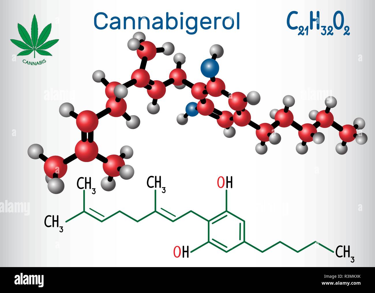 Cannabigerol (CBG) - Strukturelle chemische Formel und Molekül-Modell. Nicht berauschenden Cannabinoid in Pflanzen der Gattung Cannabis. Vector Illustration Stock Vektor