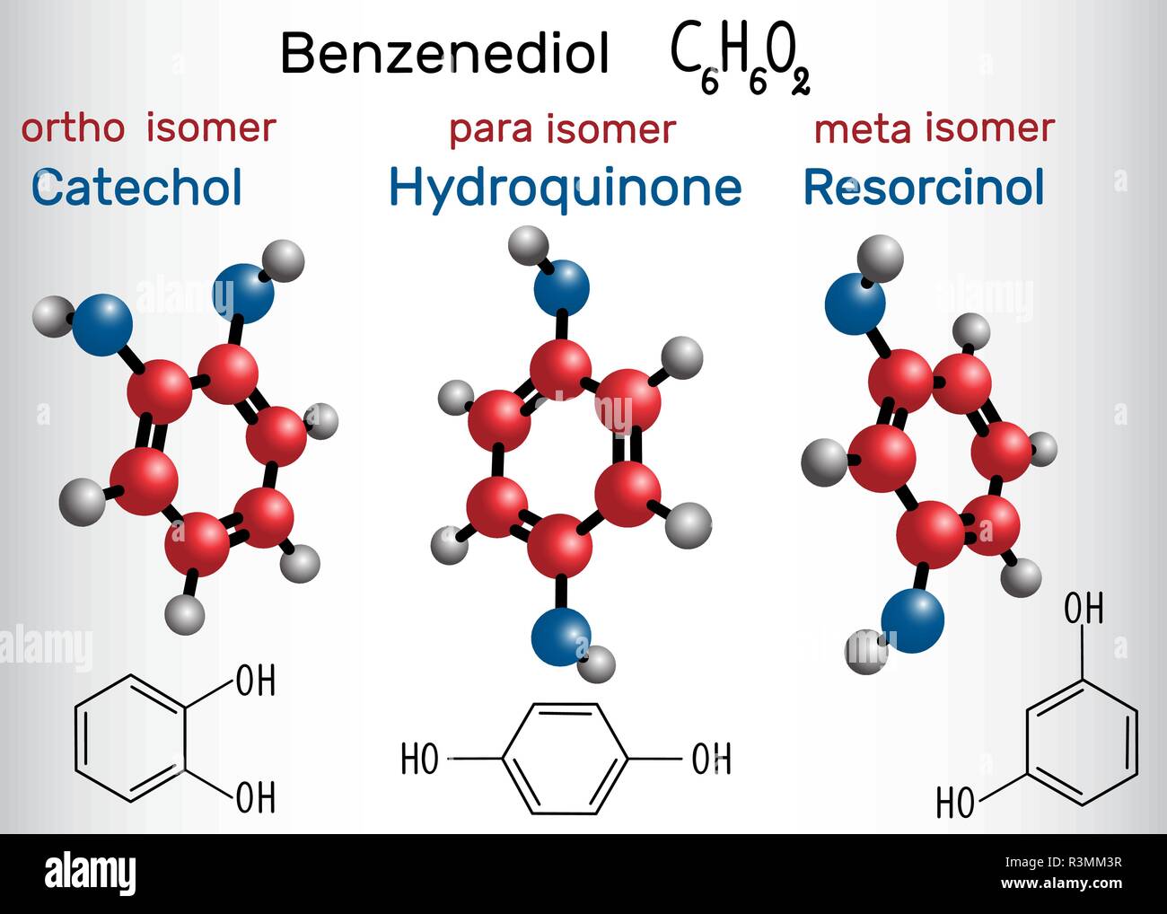 Catechol, Resorcin, hydrochinon Molekül - Strukturelle chemische Formel und Modell. Ortho, Meta, Para benzenediol Isomere. Vector Illustration Stock Vektor