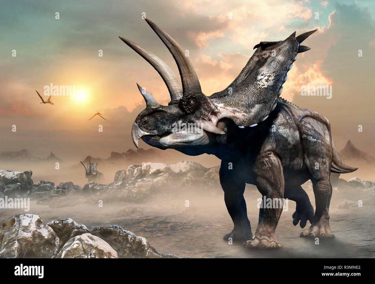 Agujaceratops Szene 3D-Darstellung Stockfoto