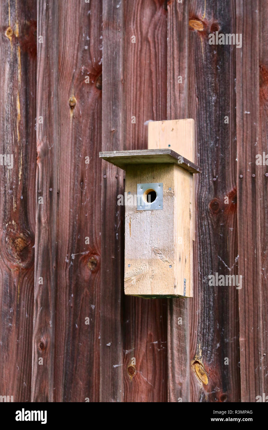 Animal Care: Holz Vogelhaus hängend an der Wand der Scheune auf Landschaft Stockfoto