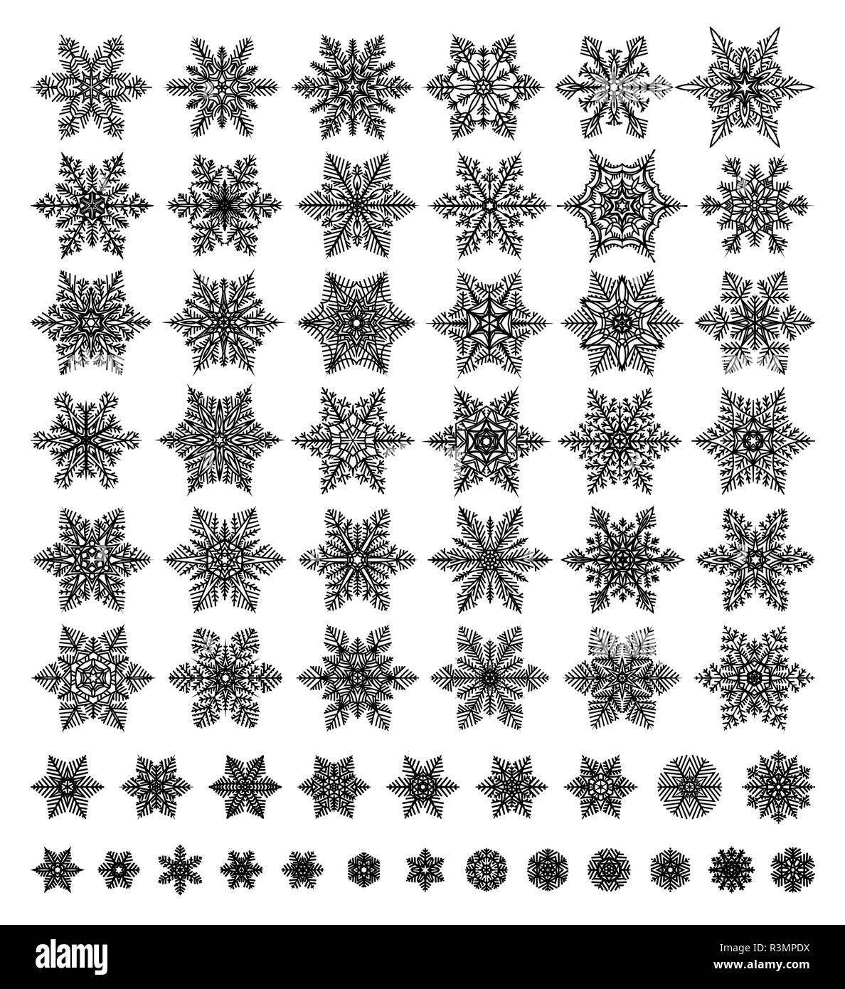 Süße Schneeflocken verschiedene Sammlung auf weißem Hintergrund. Flache Linie Schnee Symbole, Schneeflocken Silhouette. Schönes Element für Weihnachten banner Stock Vektor