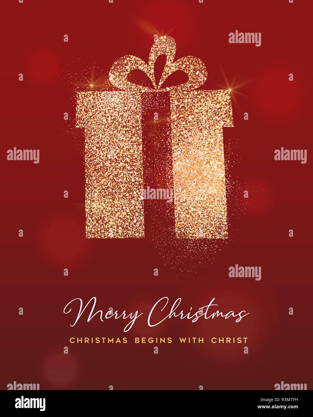 Frohe Weihnachten luxus Grußkarte Illustration, geschenkbox von gold Glitter Textur auf festlichen roten Hintergrund mit holiday Text zitieren. Stock Vektor
