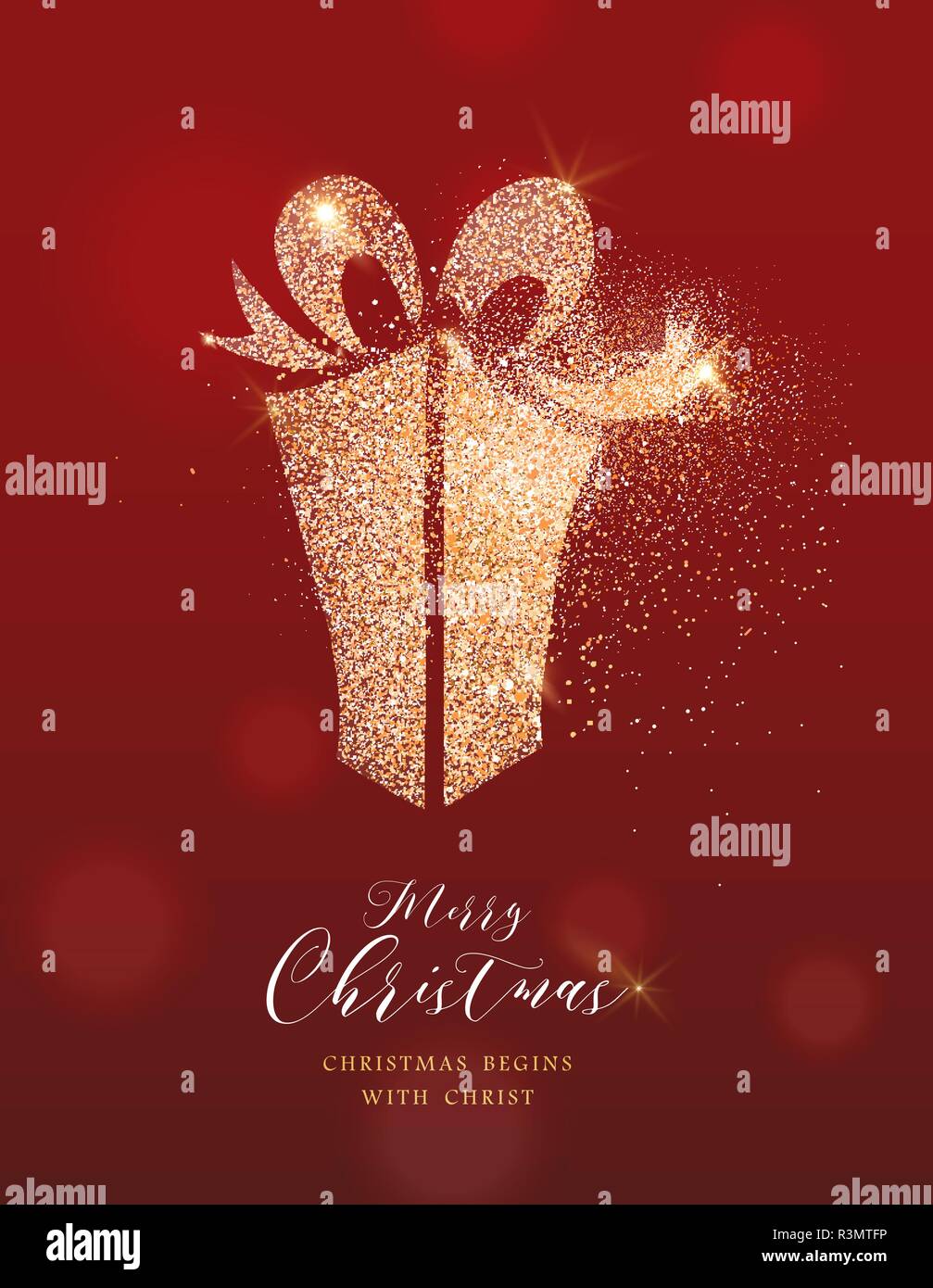 Frohe Weihnachten luxus Grußkarte Illustration, geschenkbox von gold Glitter Textur auf festlichen roten Hintergrund mit holiday Text zitieren. Stock Vektor