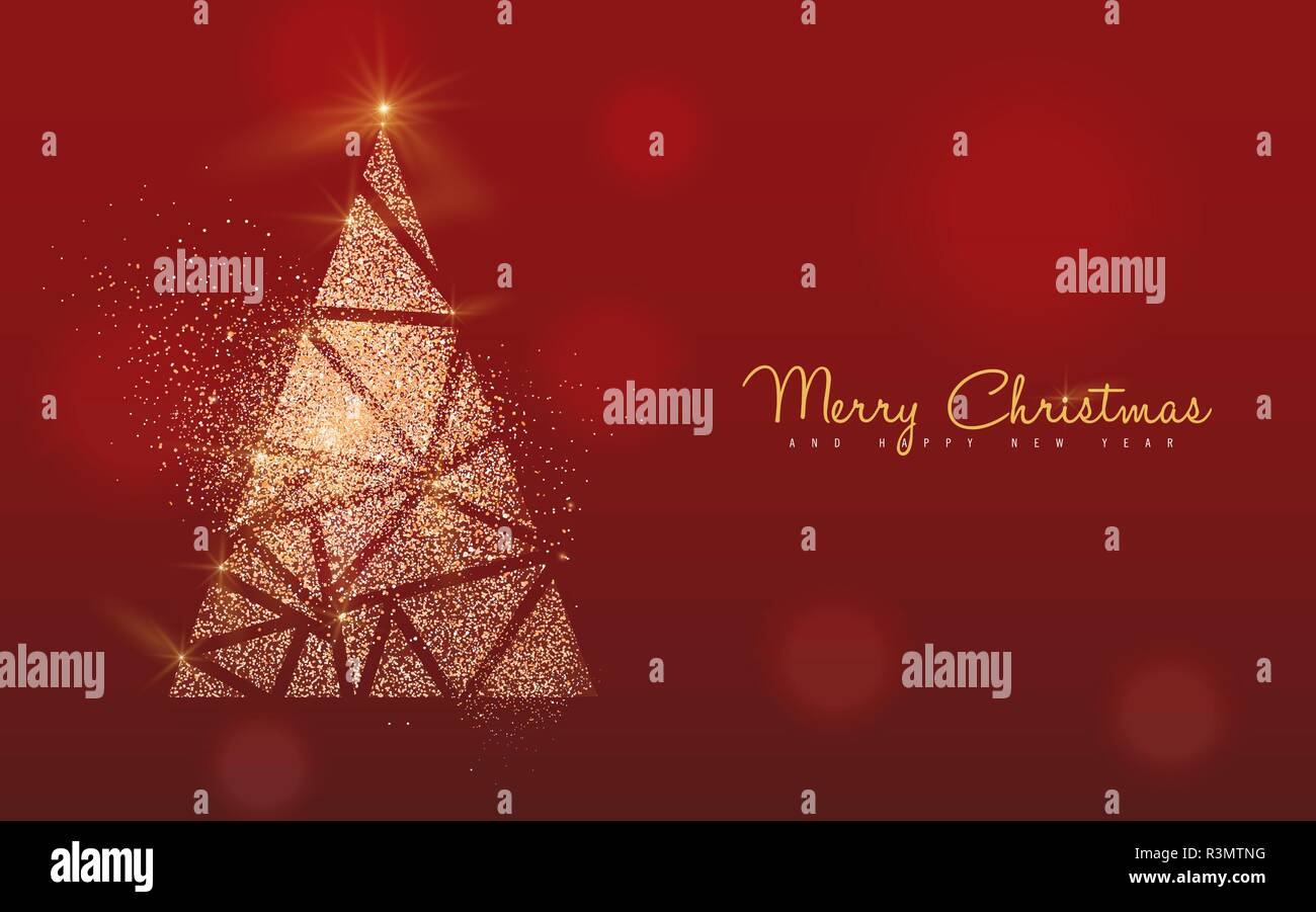 Frohe Weihnachten und guten Rutsch ins Neue Jahr luxus Grußkarte Illustration, xmas Pine Tree gold glitzer Textur auf festlichen roten Lichter bokhe Hintergrund mit Stock Vektor