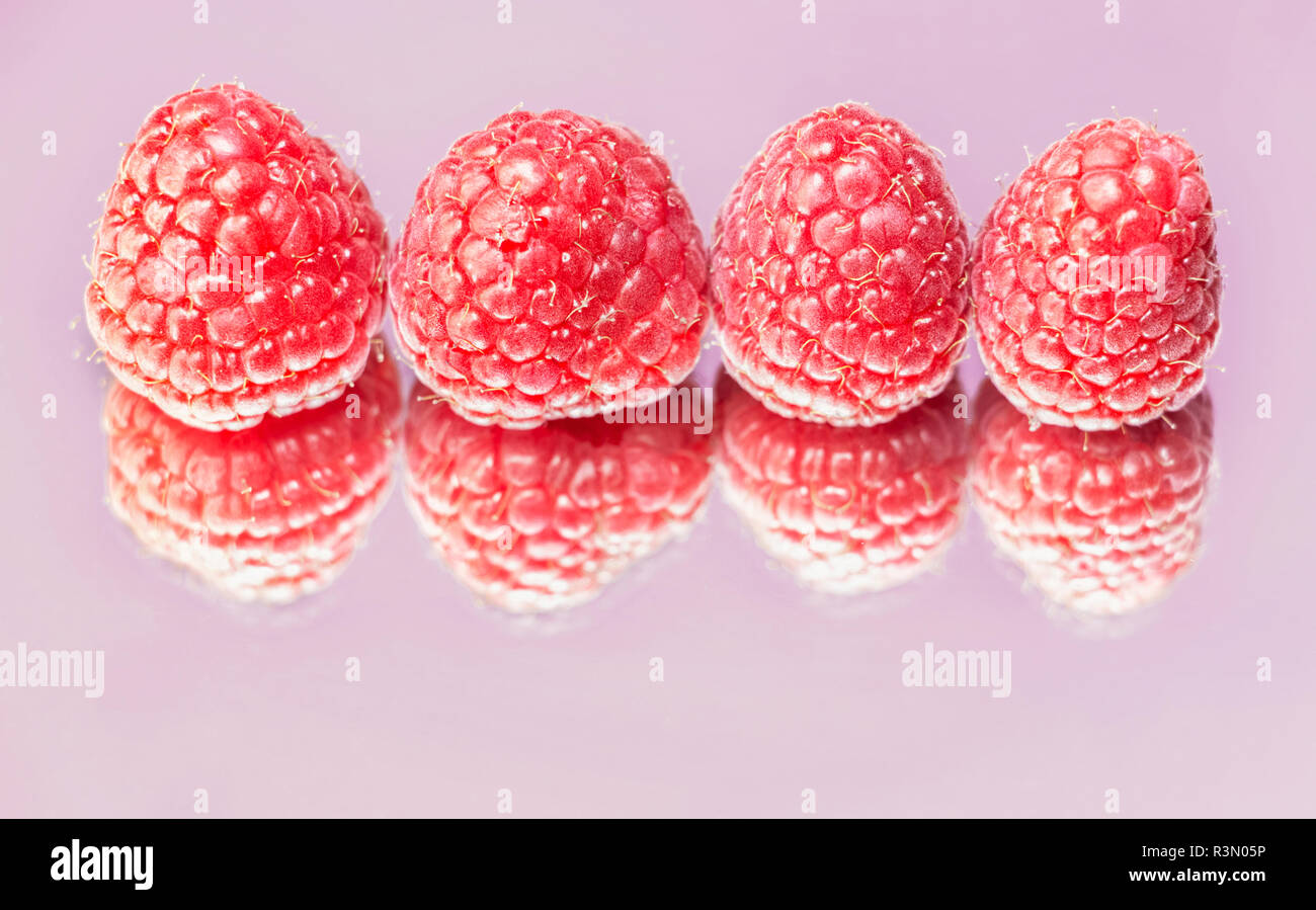 Vier helle Himbeeren auf einem Spiegel Form ihre Doppelzimmer, Studio shot, lustige Wirkung Stockfoto