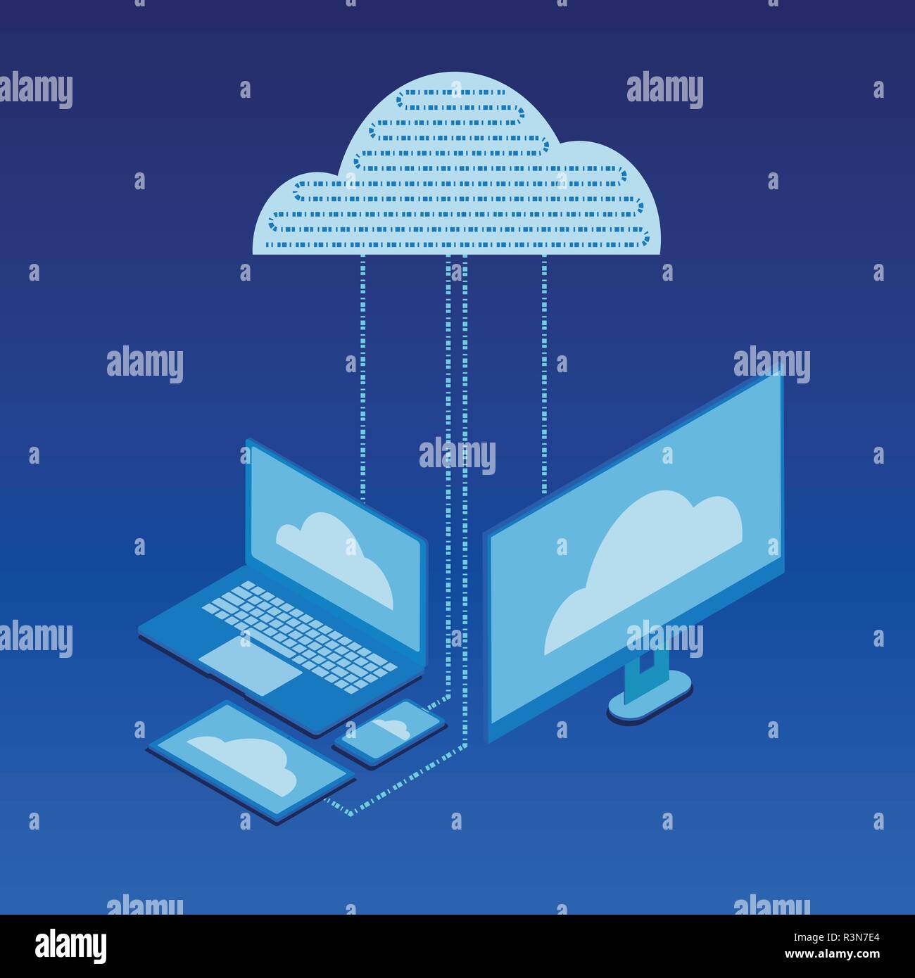 Cloud Services Isometrische flachbild Icon Design Stil modern, High data server, Sicherheit Cloud Service mit Smartphone, Tablet und PC verbunden. Vektor illust Stock Vektor