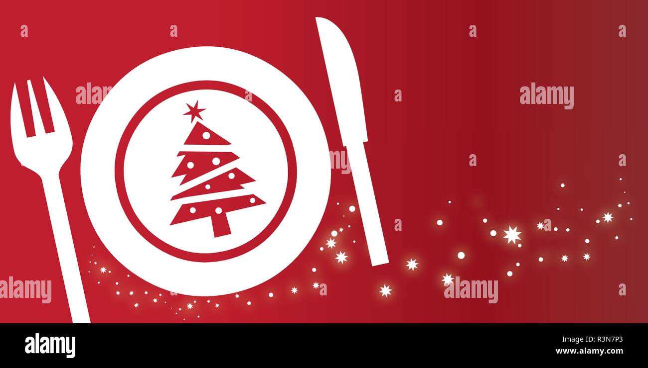 Weihnachten Teller Zusammensetzung auf rotem Hintergrund mit glitzernden Sterne. Weihnachtsessen Einladung Vector Illustration Stock Vektor