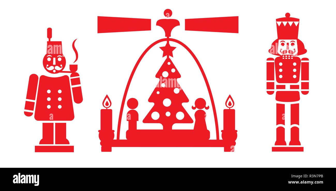 Nussknacker, Pyramide und Raucher - Traditionelle deutsche Weihnachtsschmuck. Lokal handgefertigte Figuren aus dem Erzgebirge. Vektor Stock Vektor