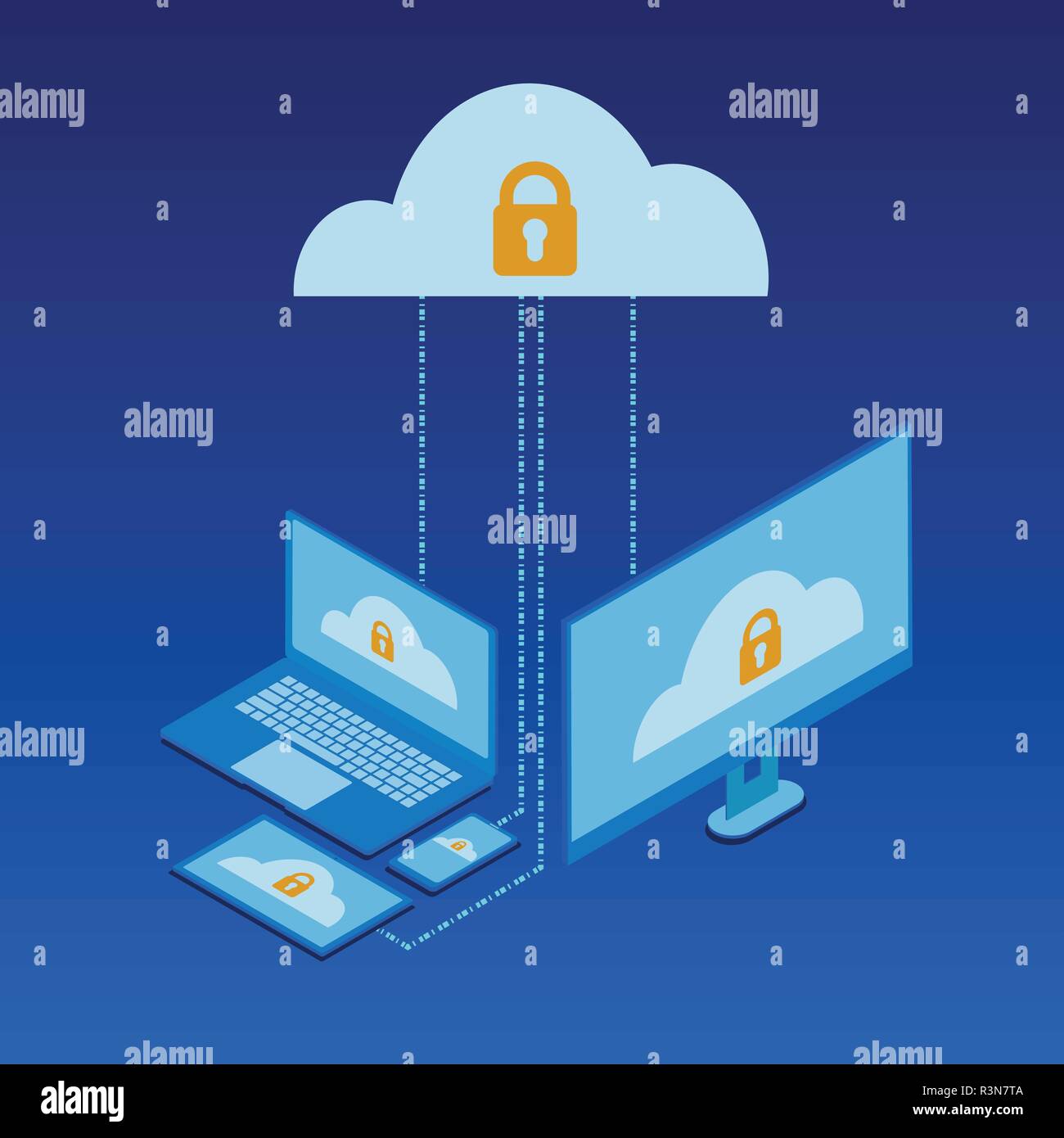 Cloud Services isometrische Konzept Design, Icon, data server, hohe Sicherheit Schutz Cloud Service mit Smartphone, Tablet und PC verbunden. Vec Stock Vektor