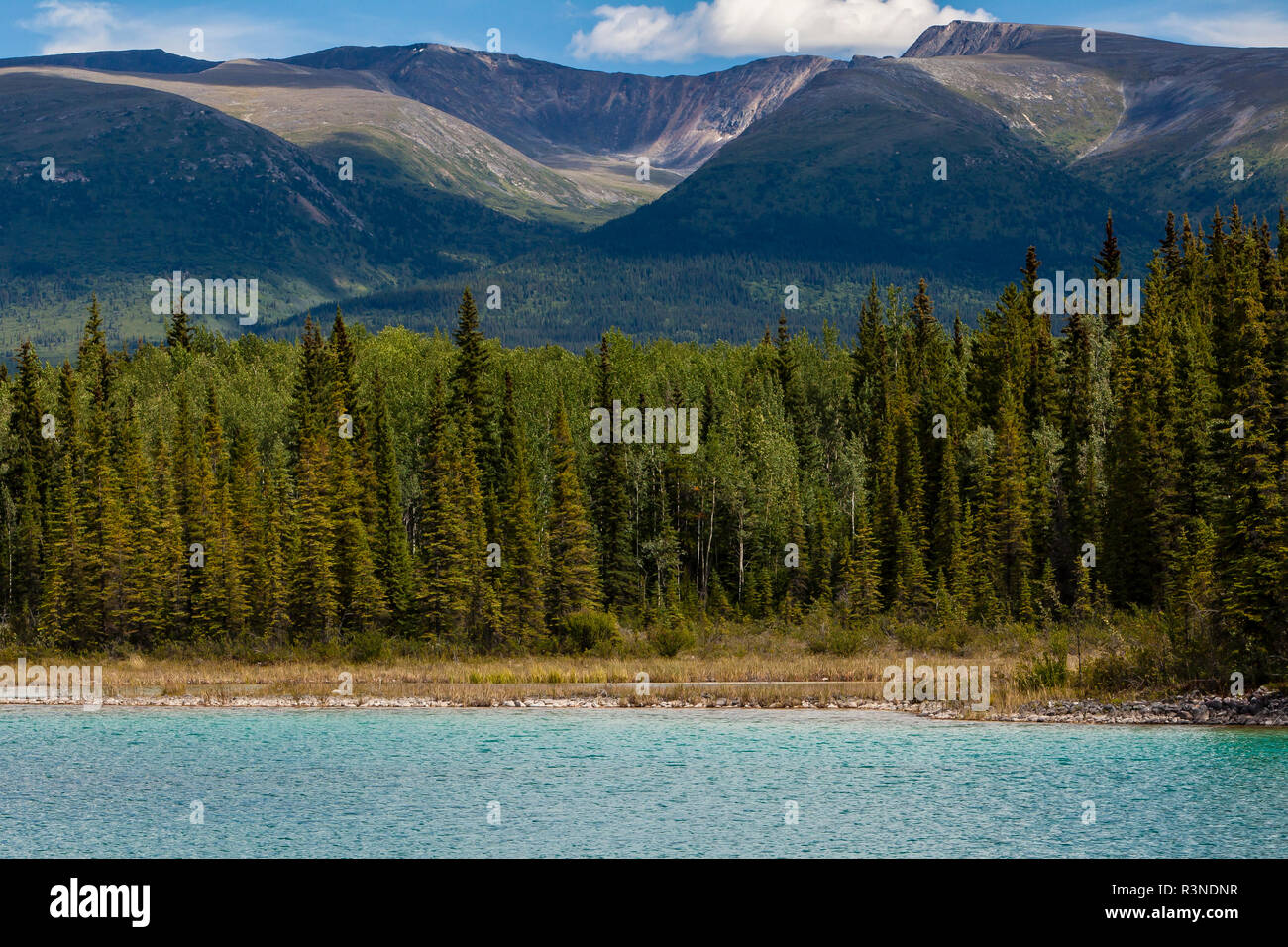 Kanada, British Columbia, Boya Lake Provincial Park. Boya Lake und Cassiar Mountains Stockfoto
