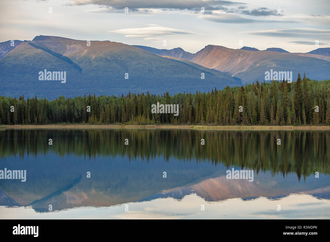 Kanada, British Columbia, Boya Lake Provincial Park. Cassiar Mountain Reflexion Stockfoto