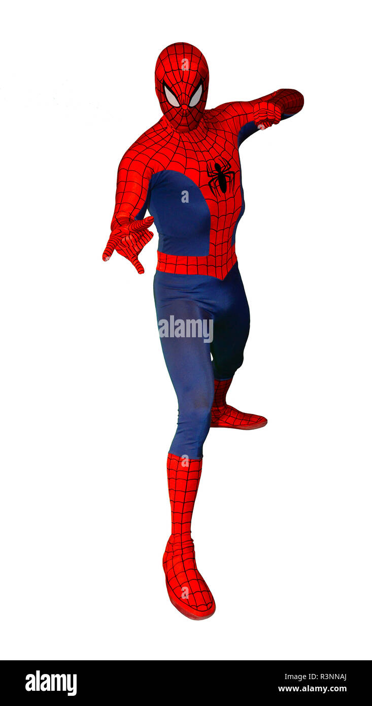 Ein Mann in einem dresed Spiderman Kostüm Stockfoto