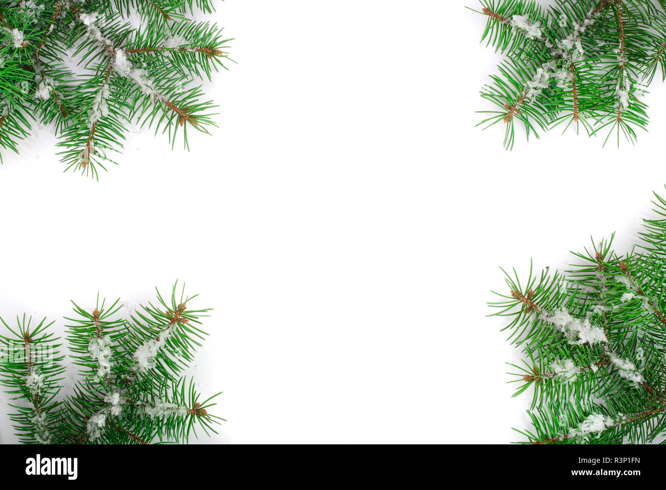 Weihnachten Rahmen der Fir Tree Branch mit Schnee auf weißem Hintergrund mit Kopie Platz für Ihren Text isoliert. Ansicht von oben Stockfoto