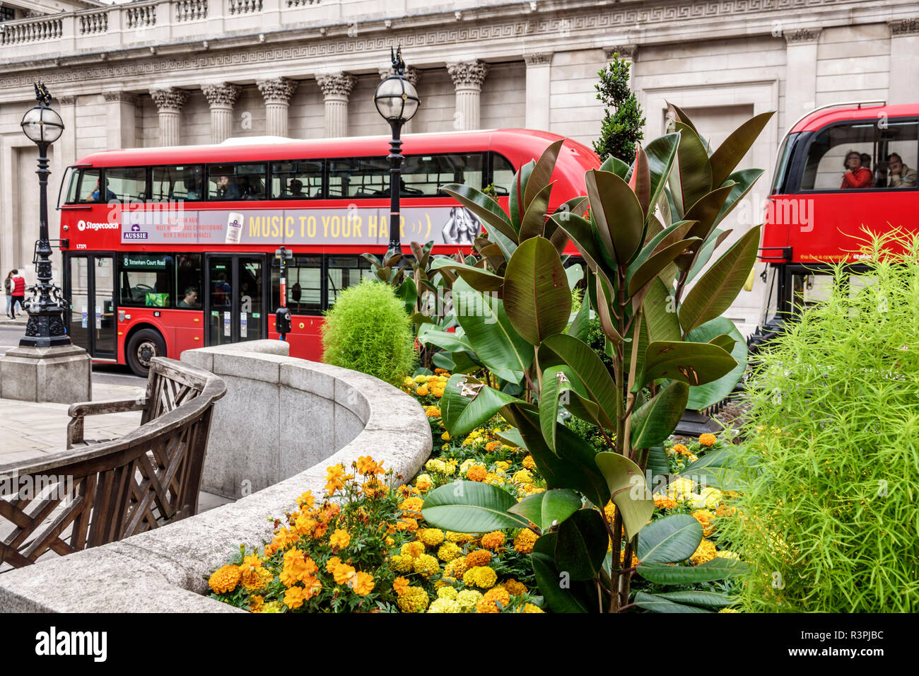 City of London, England, Finanzzentrum des Vereinigten Königreichs, Gebäude der Königlichen Börse, Außenfassade, plaza, Garten, roter Doppeldeckerbus, Landschaft, UK GB Englisch Stockfoto